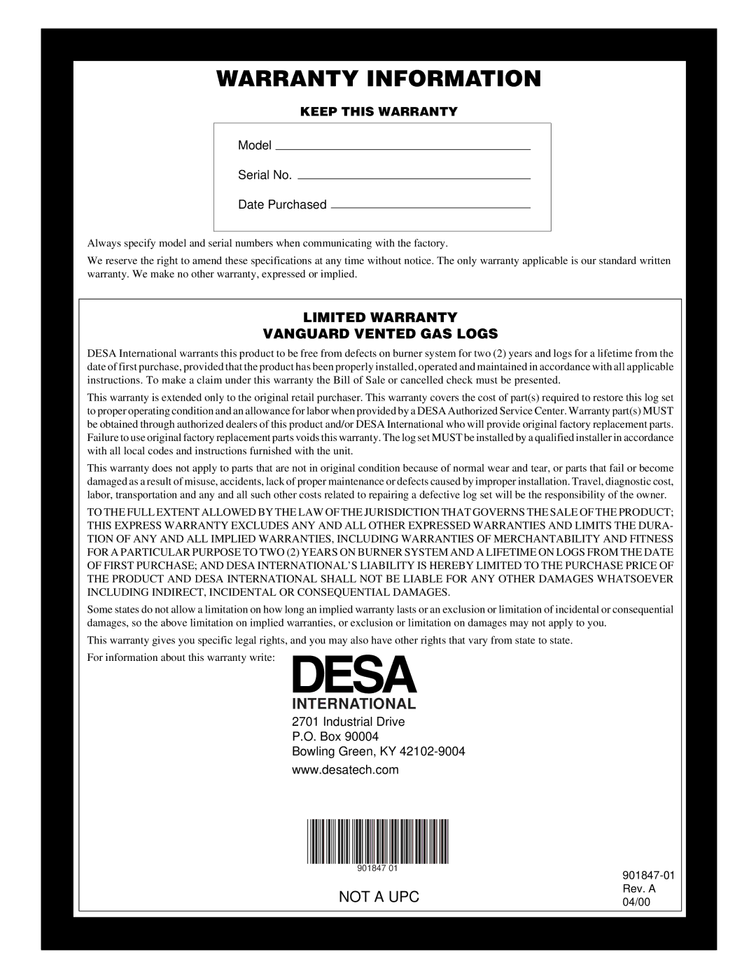 Desa VVTR24, VVTR18 installation manual Warranty Information, International 