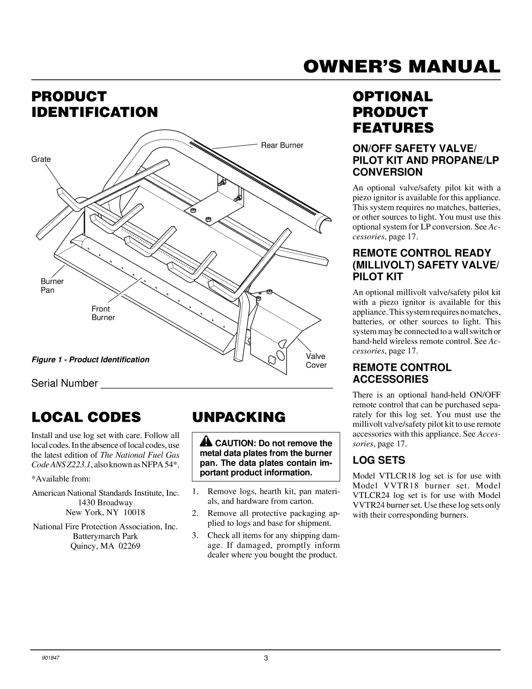 Desa VVTR18, VVTR24 installation manual Product Identification, Local Codes Unpacking Optional Product Features 