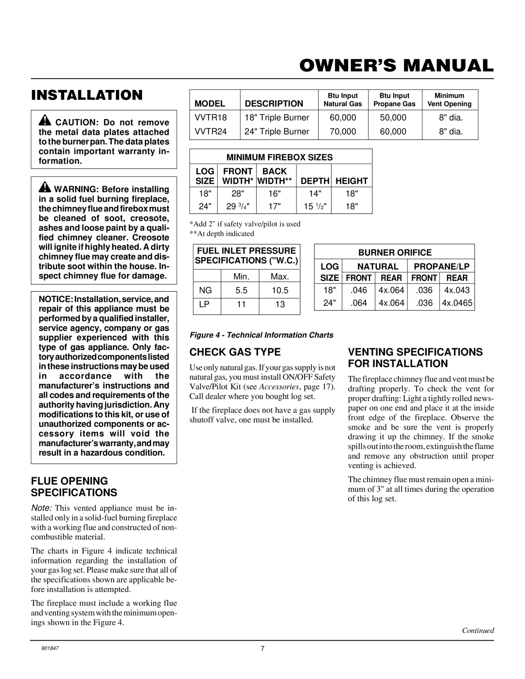 Desa VVTR18, VVTR24 Flue Opening Specifications, Check GAS Type, Venting Specifications for Installation 