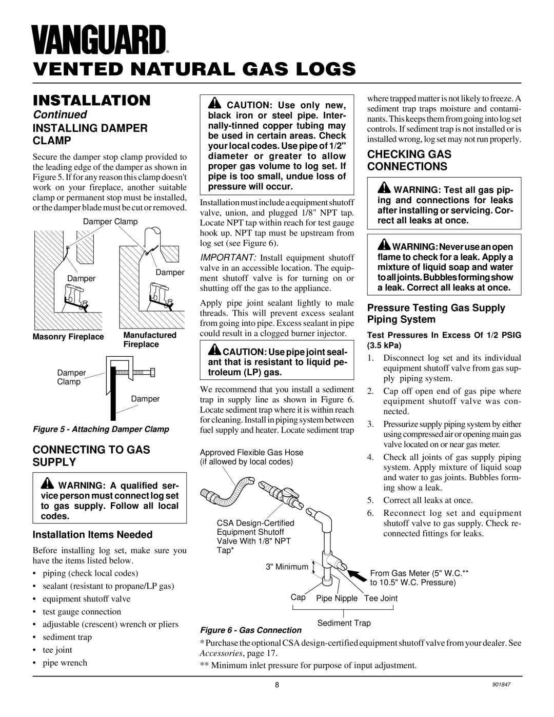 Desa VVTR24, VVTR18 Installing Damper Clamp, Connecting to GAS Supply, Checking GAS Connections, Installation Items Needed 