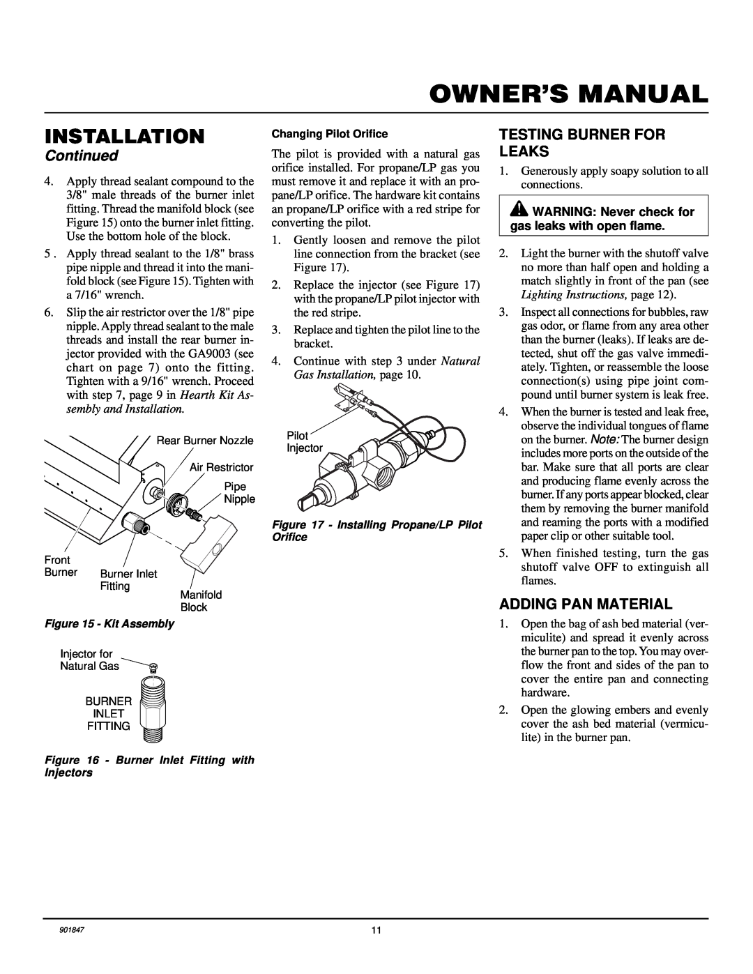 Desa VVTR18, VVTR24 Owner’S Manual, Installation, Continued, Testing Burner For Leaks, Adding Pan Material 
