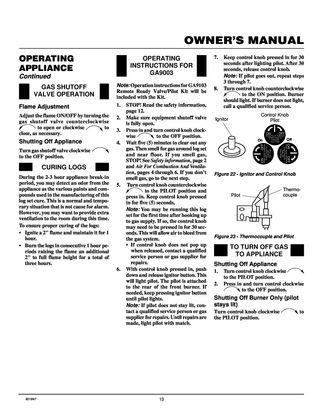 Desa VVTR18, VVTR24 Owner’S Manual, Operating Appliance, Continued, Gas Shutoff Valve Operation, Curing Logs 
