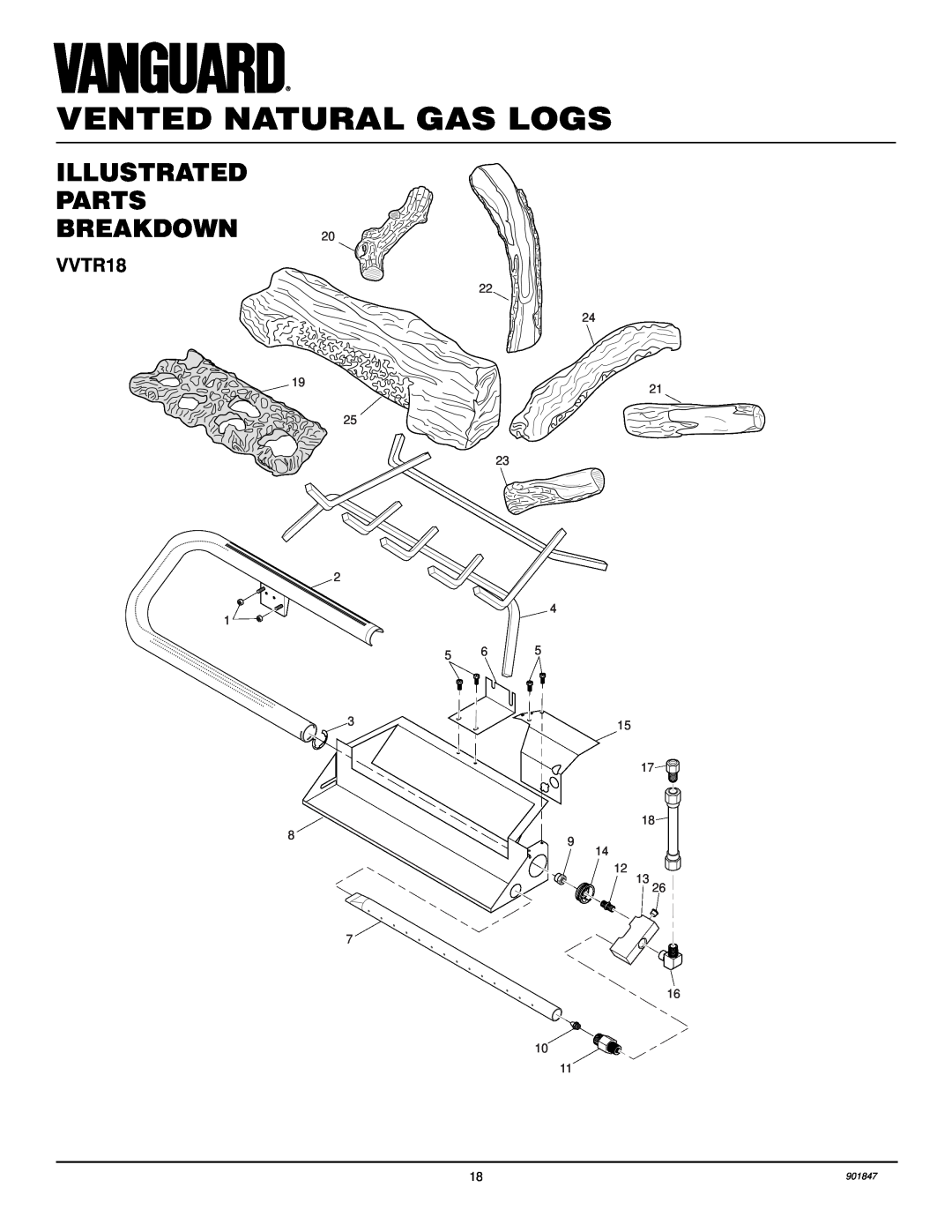 Desa VVTR24 installation manual Illustrated Parts Breakdown, Vented Natural Gas Logs, VVTR18, 901847 