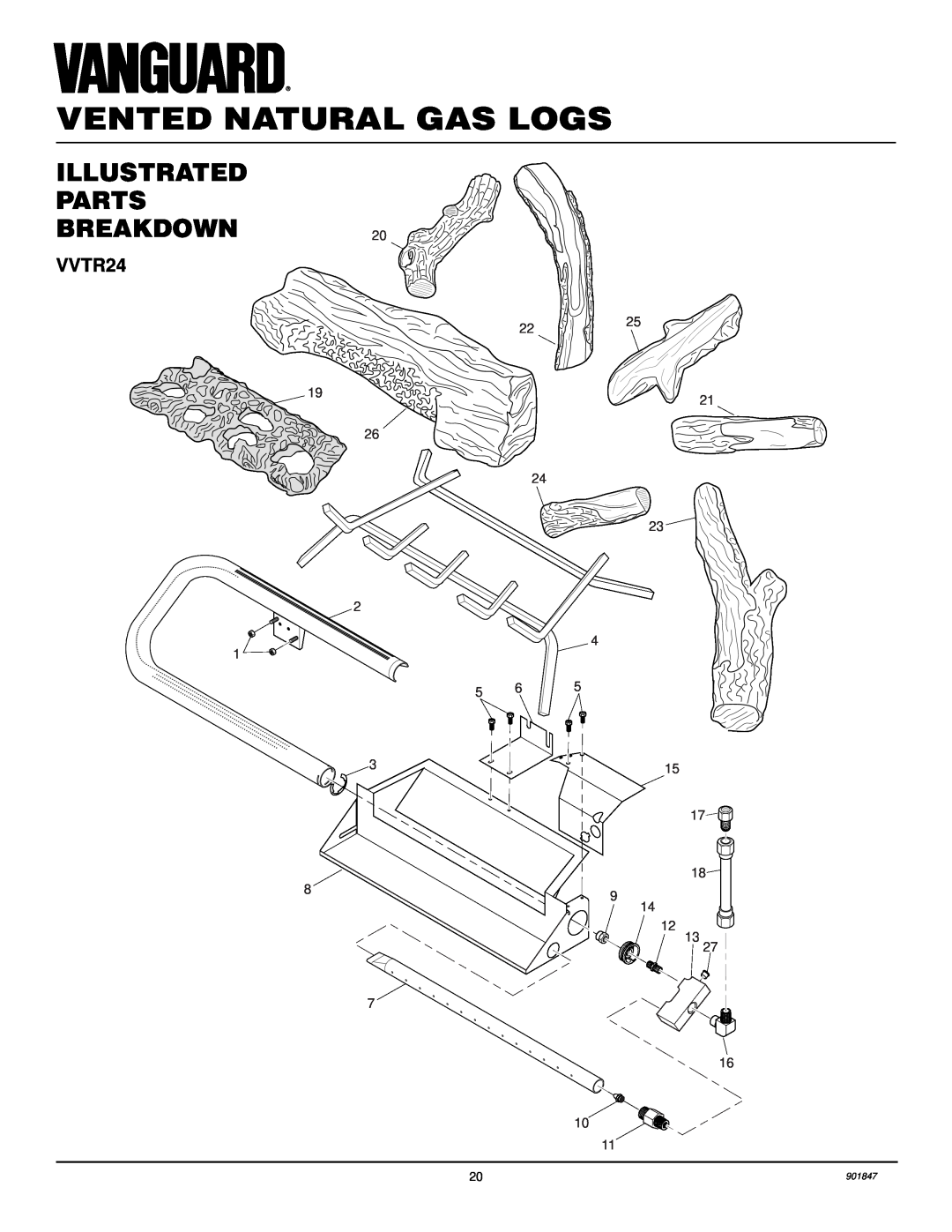 Desa VVTR24, VVTR18 installation manual Vented Natural Gas Logs, Illustrated Parts Breakdown, 2225, 901847 