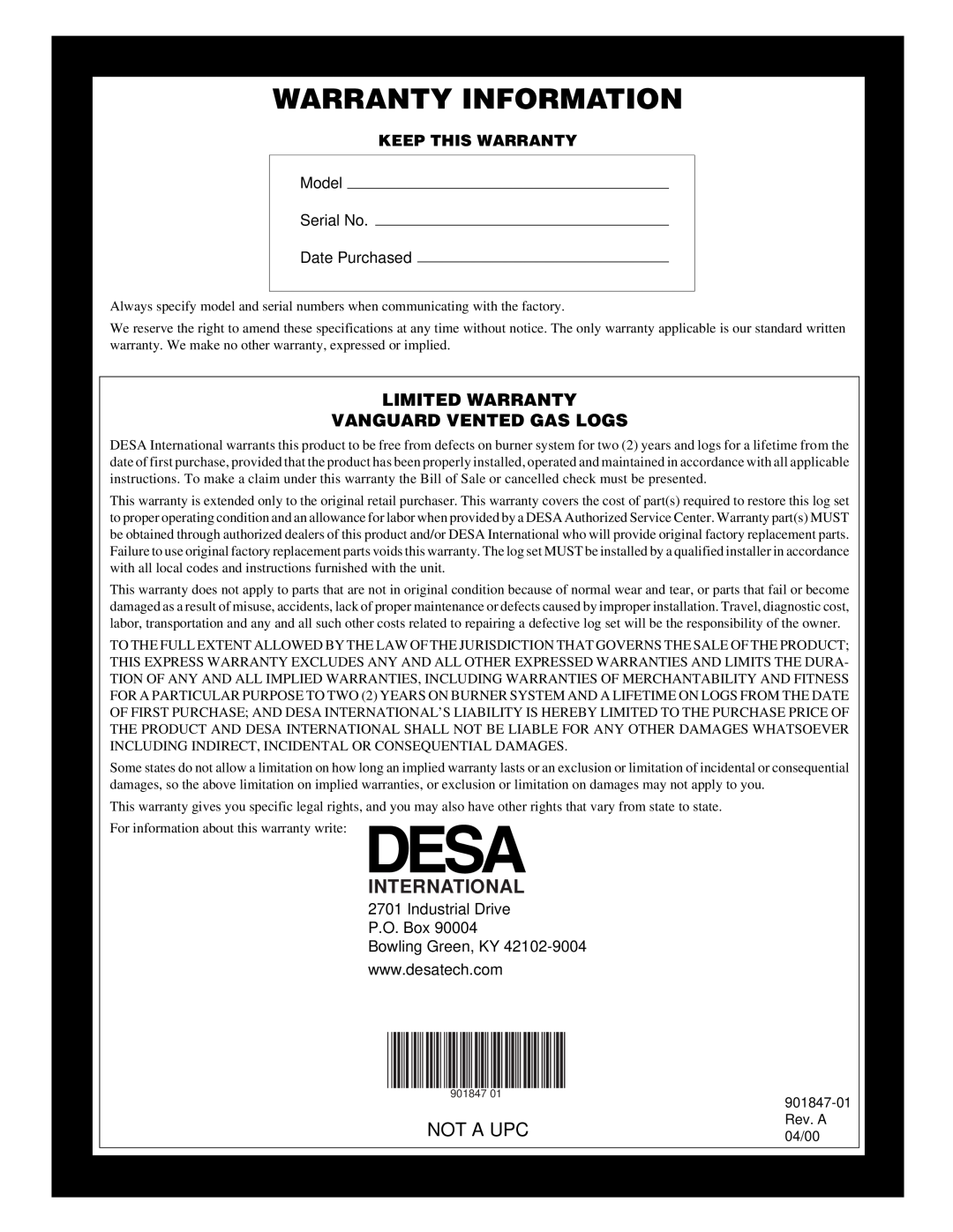 Desa VVTR24, VVTR18 installation manual Warranty Information, Not A Upc, International 