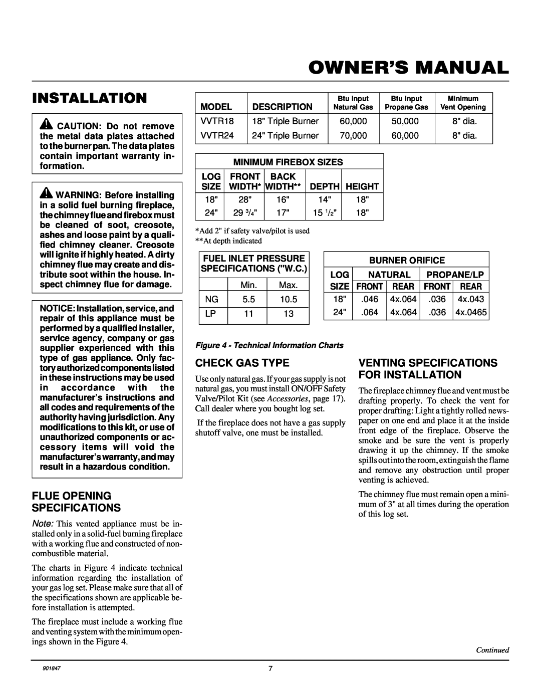 Desa VVTR18, VVTR24 installation manual Installation, Owner’S Manual, Flue Opening Specifications, Check Gas Type 