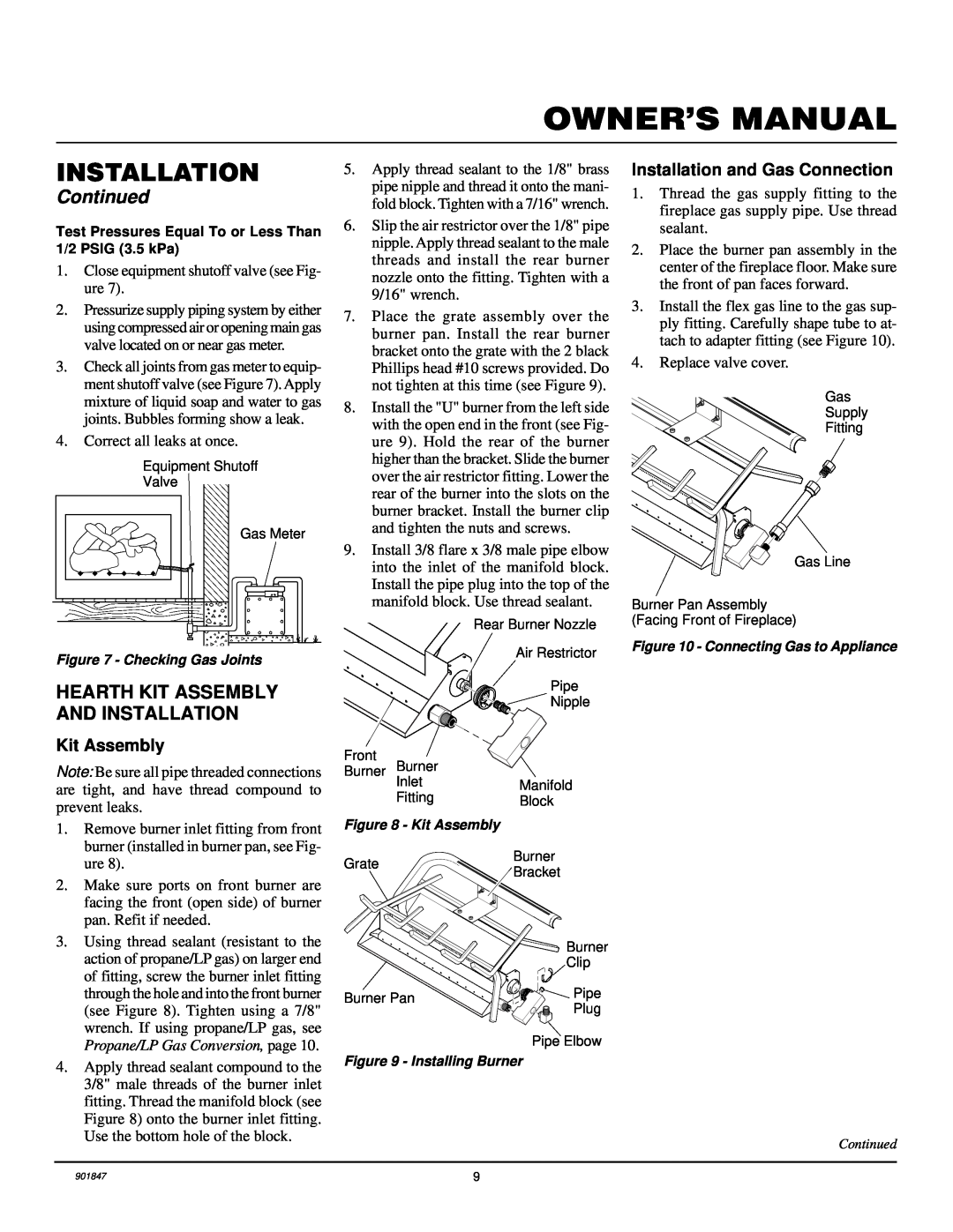 Desa VVTR18, VVTR24 Owner’S Manual, Continued, Hearth Kit Assembly And Installation, Installation and Gas Connection 