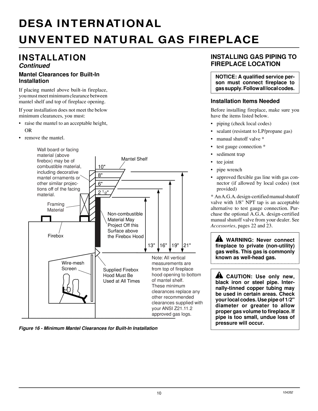 Desa VYGF33NR installation manual Installing GAS Piping to Fireplace Location, Mantel Clearances for Built-In Installation 