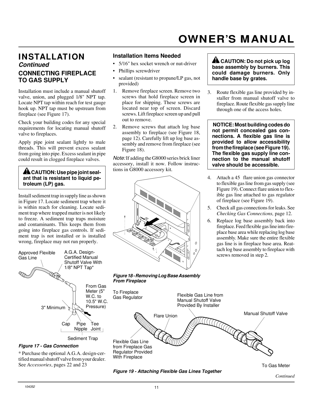 Desa VYGF33NR installation manual Connecting Fireplace to GAS Supply, Removing Log Base Assembly From Fireplace 