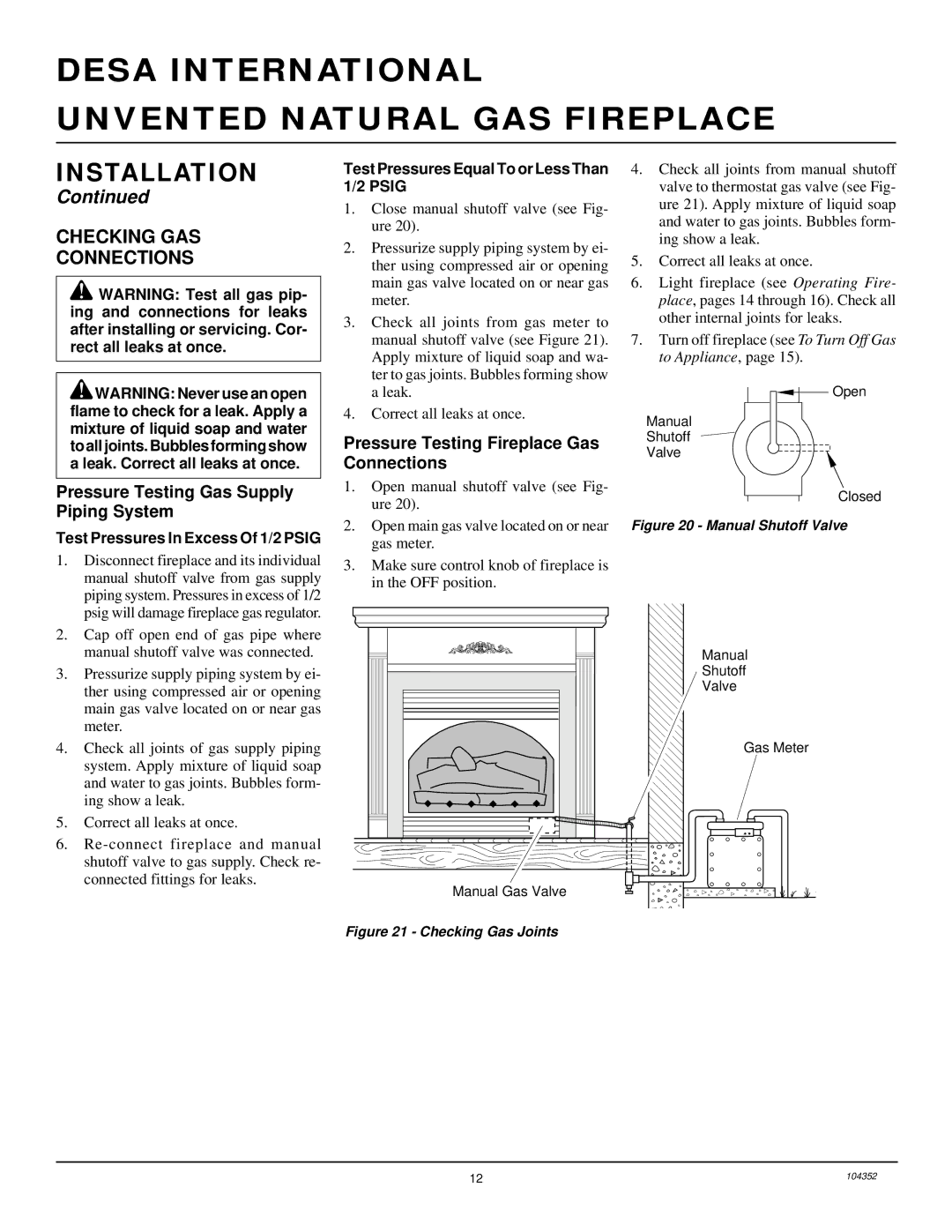 Desa VYGF33NR installation manual Checking GAS Connections, Pressure Testing Gas Supply Piping System 