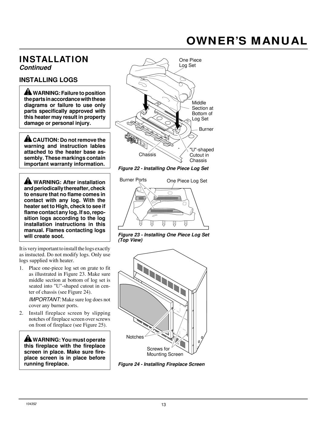 Desa VYGF33NR installation manual Installing Logs, Installing One Piece Log Set 