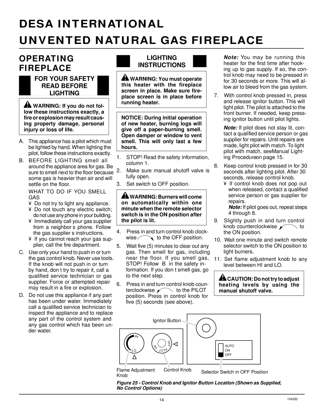 Desa VYGF33NR installation manual Operating Fireplace, For Your Safety Read Before Lighting, Lighting Instructions 