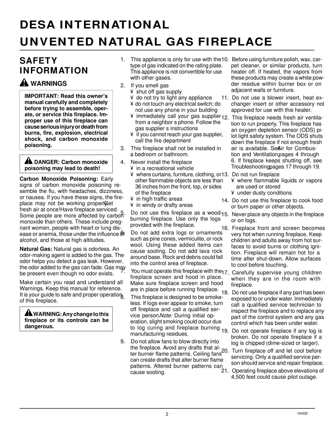 Desa VYGF33NR installation manual Desa International Unvented Natural GAS Fireplace, Safety Information 