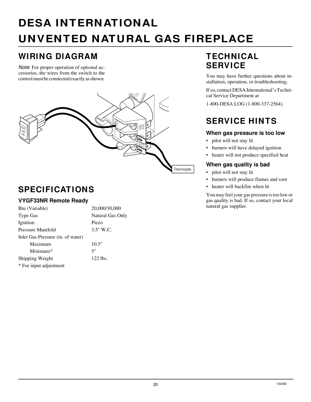 Desa VYGF33NR installation manual Wiring Diagram, Specifications, Technical Service, Service Hints 