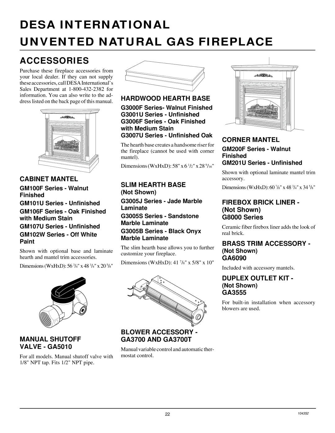 Desa VYGF33NR installation manual Accessories 