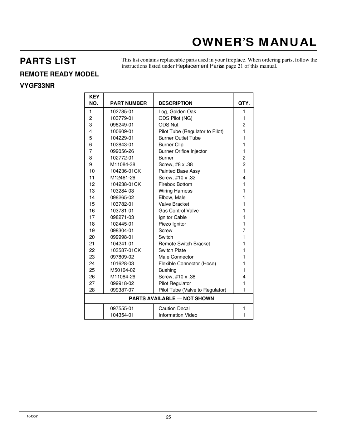 Desa VYGF33NR installation manual Parts List, KEY Part Number Description QTY 