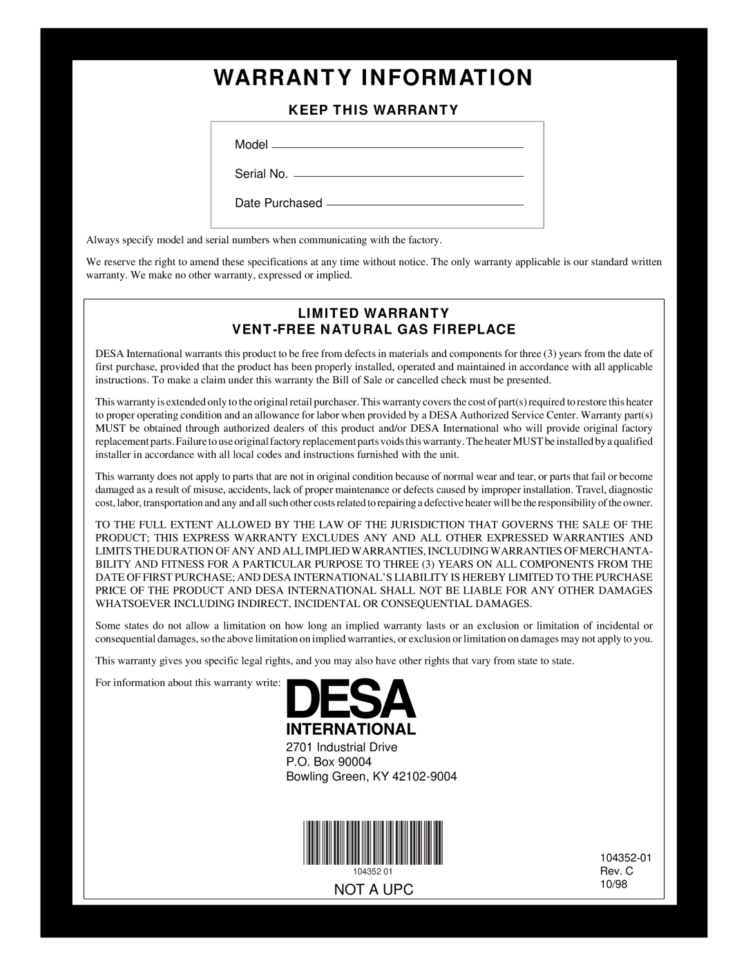 Desa VYGF33NR installation manual Warranty Information 