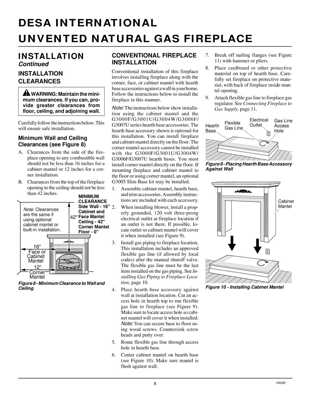 Desa VYGF33NR Installation Clearances, Conventional Fireplace Installation, Minimum Wall and Ceiling Clearances see Figure 