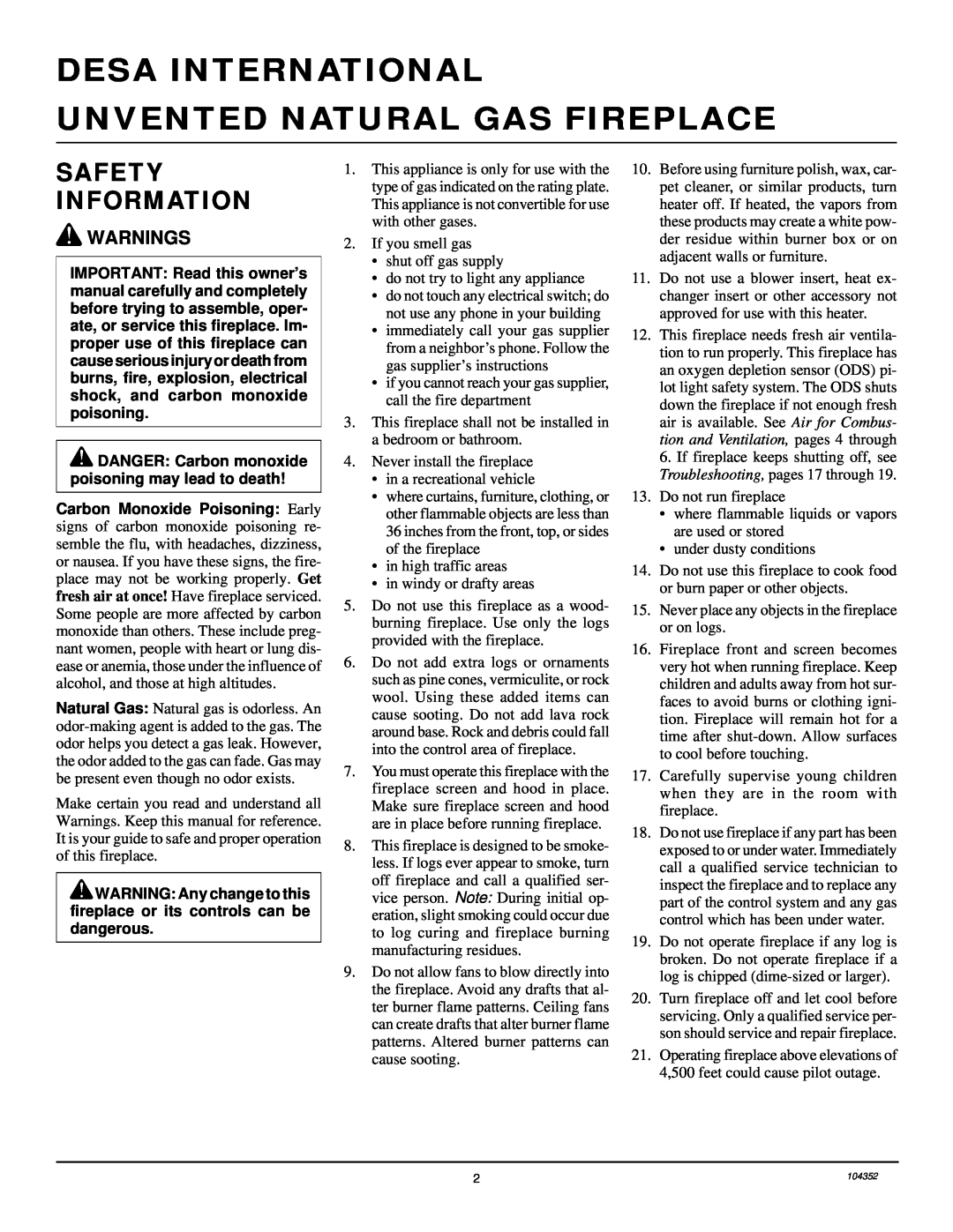 Desa VYGF33NR installation manual Desa International Unvented Natural Gas Fireplace, Safety Information, Warnings 