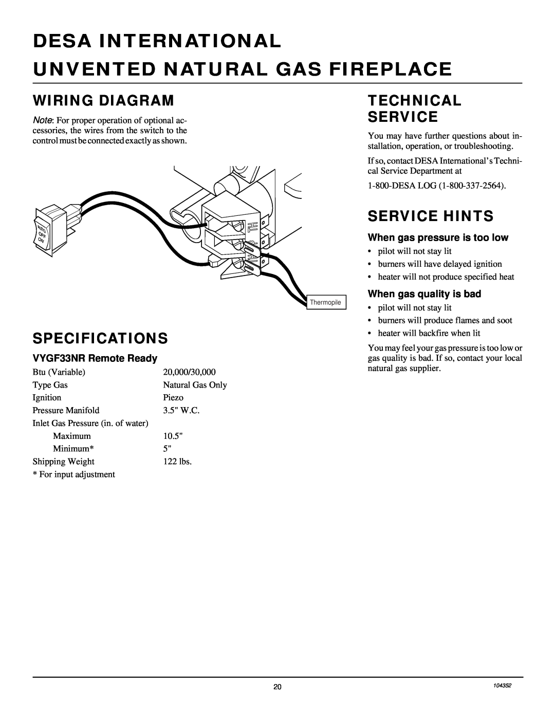 Desa VYGF33NR installation manual Wiring Diagram, Specifications, Technical Service, Service Hints 