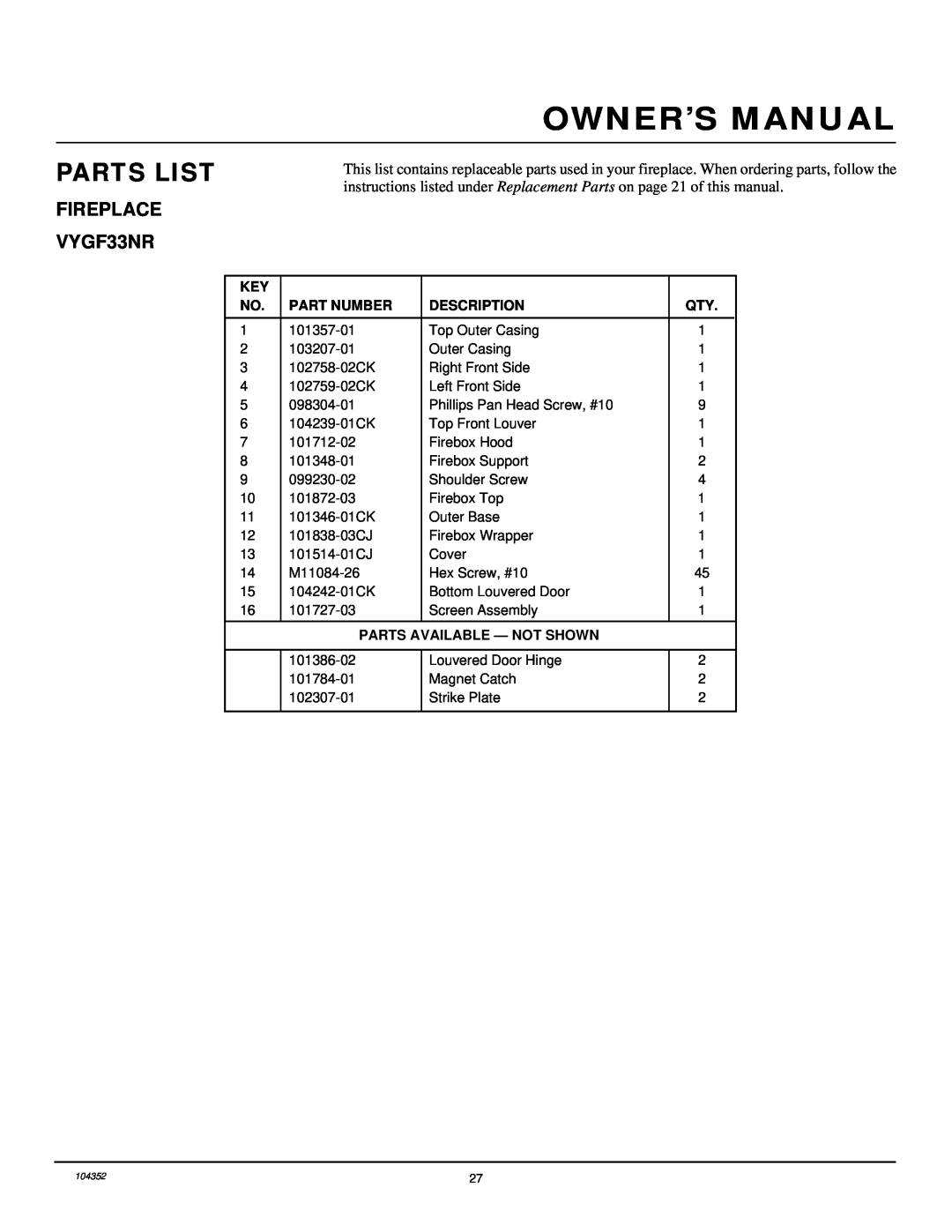 Desa installation manual Parts List, FIREPLACE VYGF33NR, Part Number, Description, Parts Available - Not Shown 