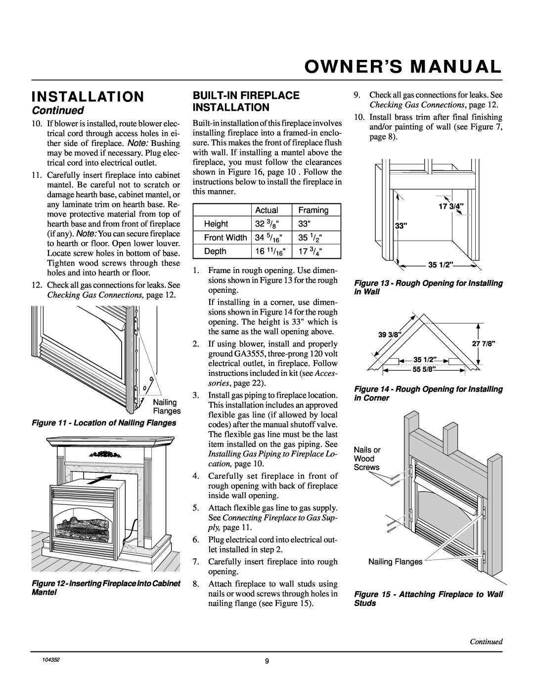 Desa VYGF33NR installation manual Built-Infireplace Installation, Continued 