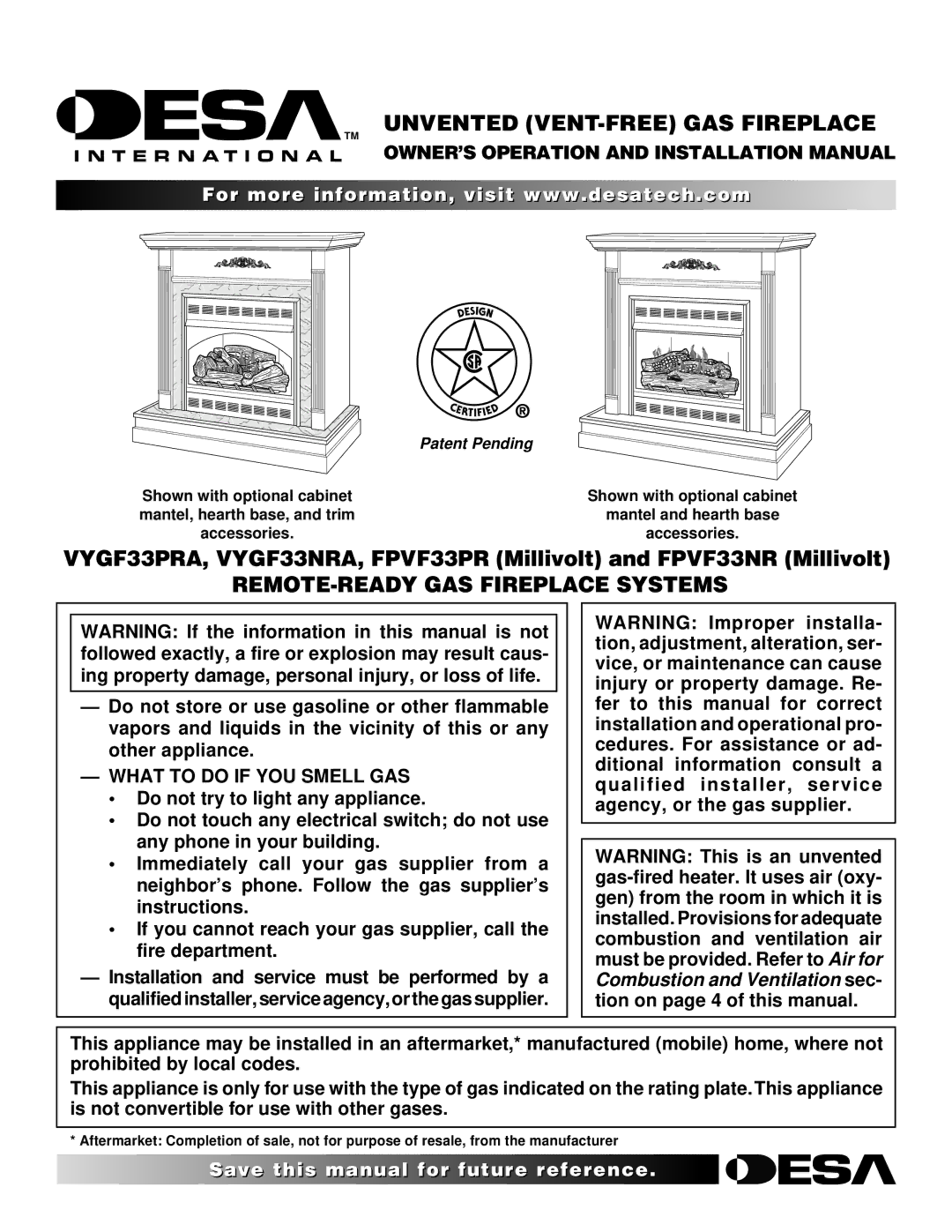 Desa VYGF33PRA, VYGF33NRA, FPVF33NR installation manual Qqqq ¢¢¢¢, What to do if YOU Smell GAS 