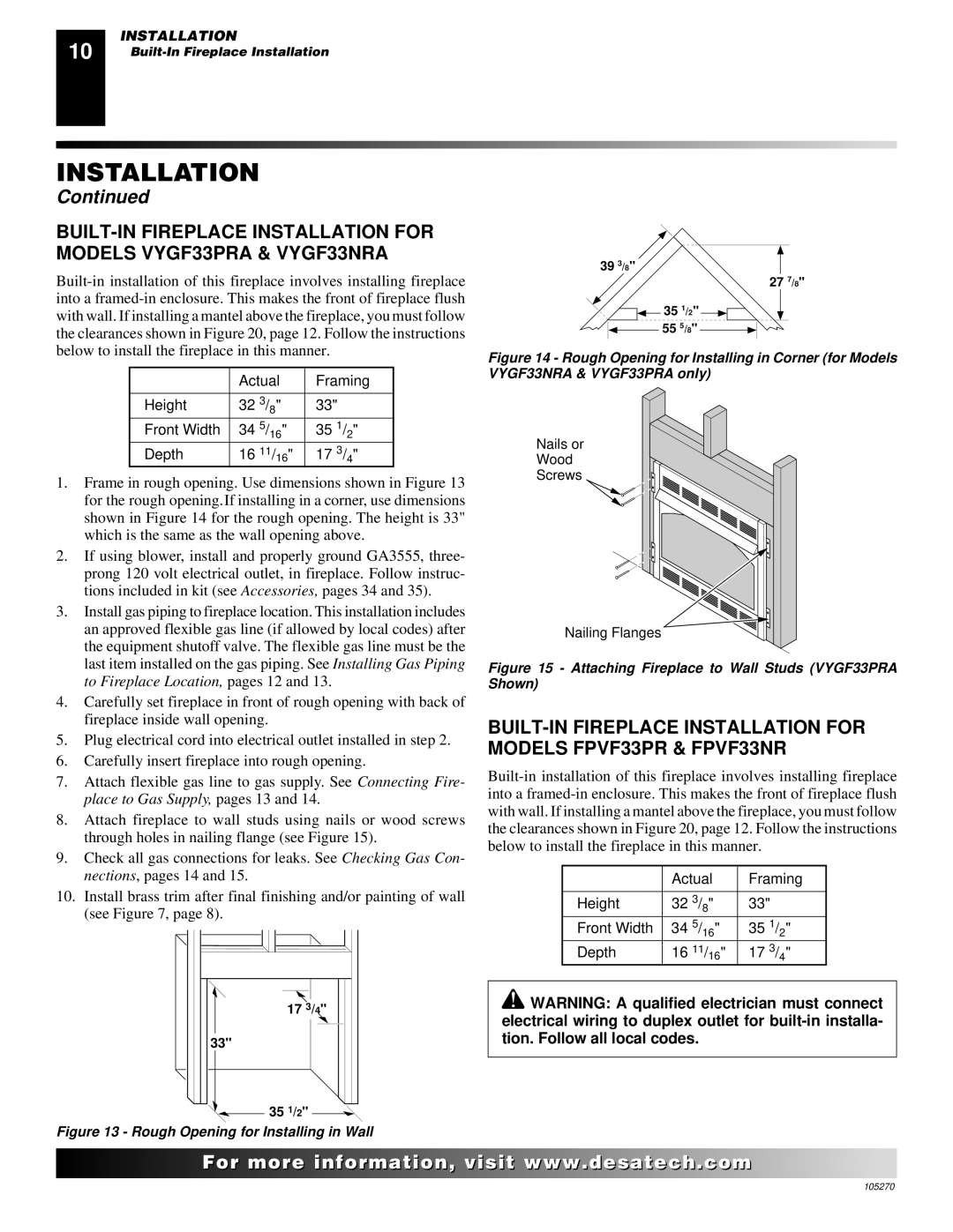 Desa VYGF33PRA, VYGF33NRA, FPVF33NR installation manual Actual Framing Height Front Width 34 5 35 1 Depth 16 11 17 3 