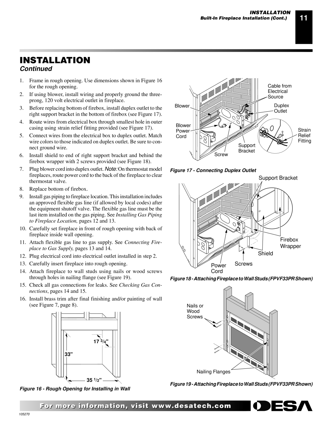 Desa FPVF33NR, VYGF33NRA, VYGF33PRA installation manual Support Bracket Firebox Wrapper Shield Power Screws Cord 