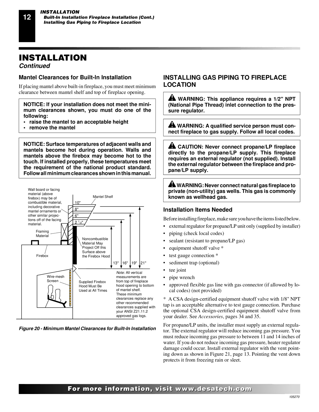 Desa VYGF33NRA, VYGF33PRA Installing GAS Piping to Fireplace Location, Mantel Clearances for Built-In Installation 