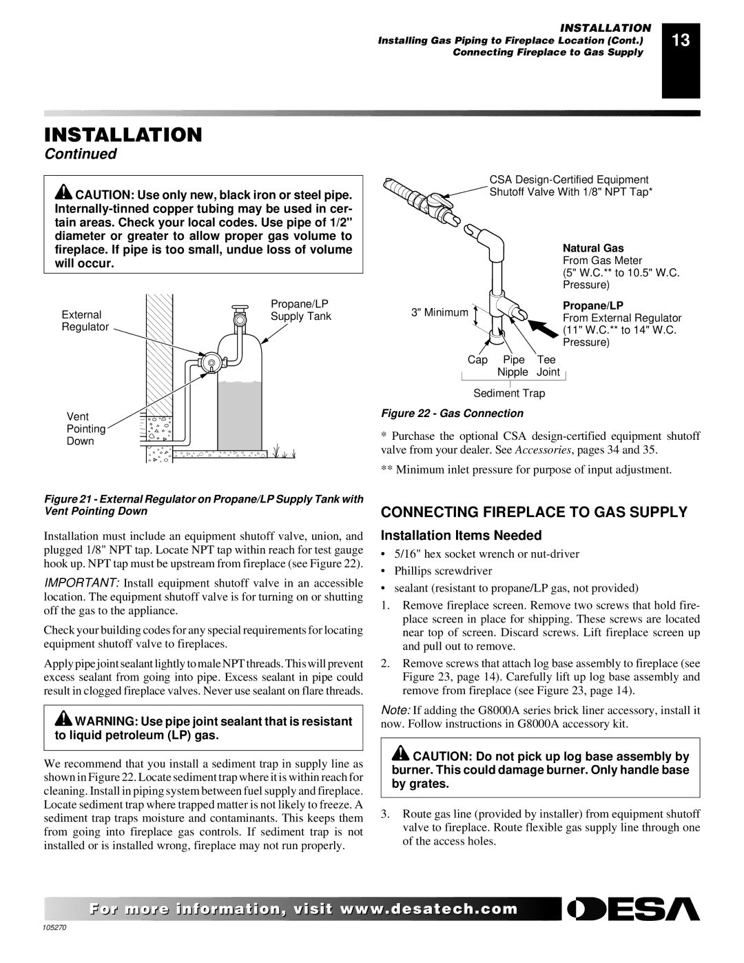 Desa VYGF33PRA, VYGF33NRA, FPVF33NR installation manual Connecting Fireplace to GAS Supply, Gas Connection 