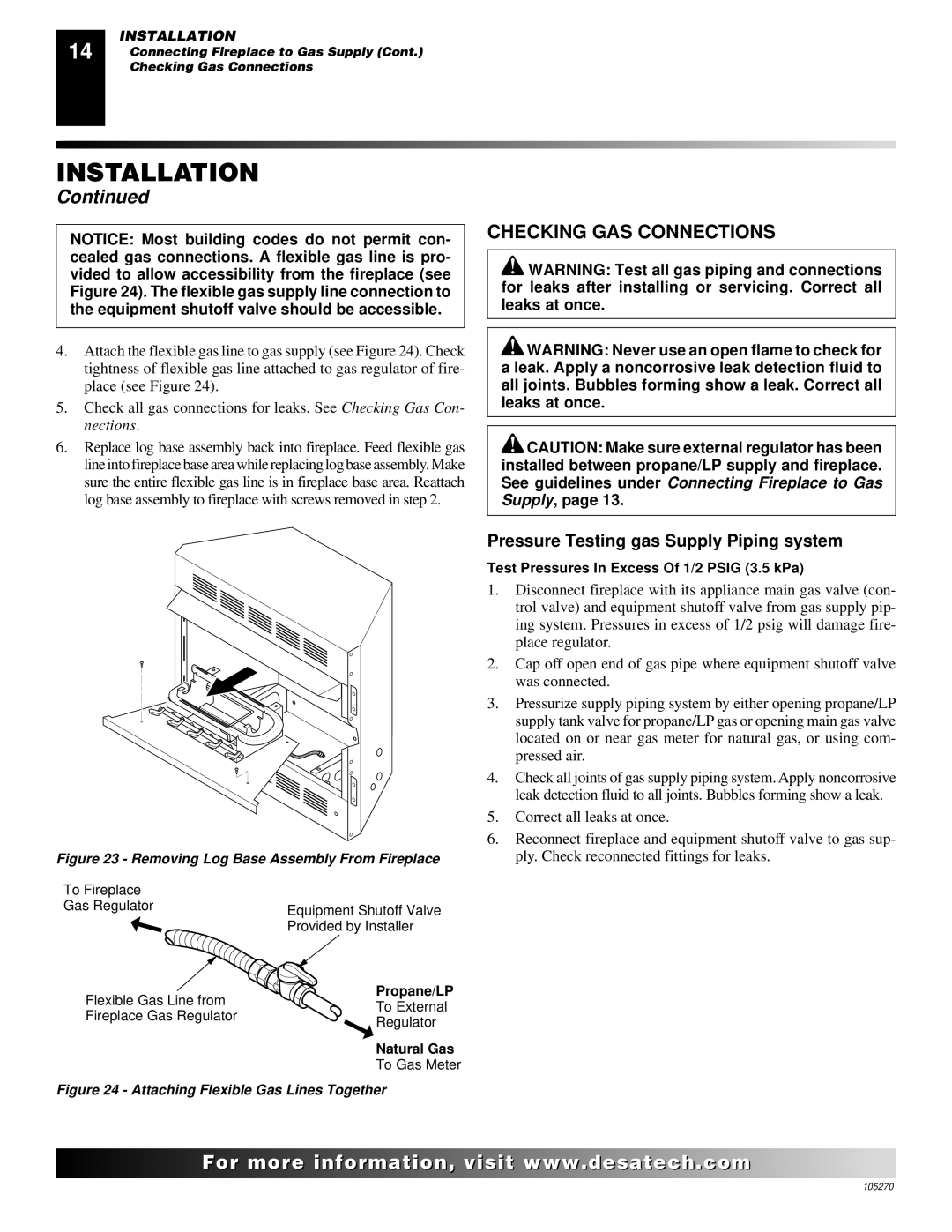 Desa FPVF33NR, VYGF33NRA, VYGF33PRA installation manual Checking GAS Connections, Pressure Testing gas Supply Piping system 