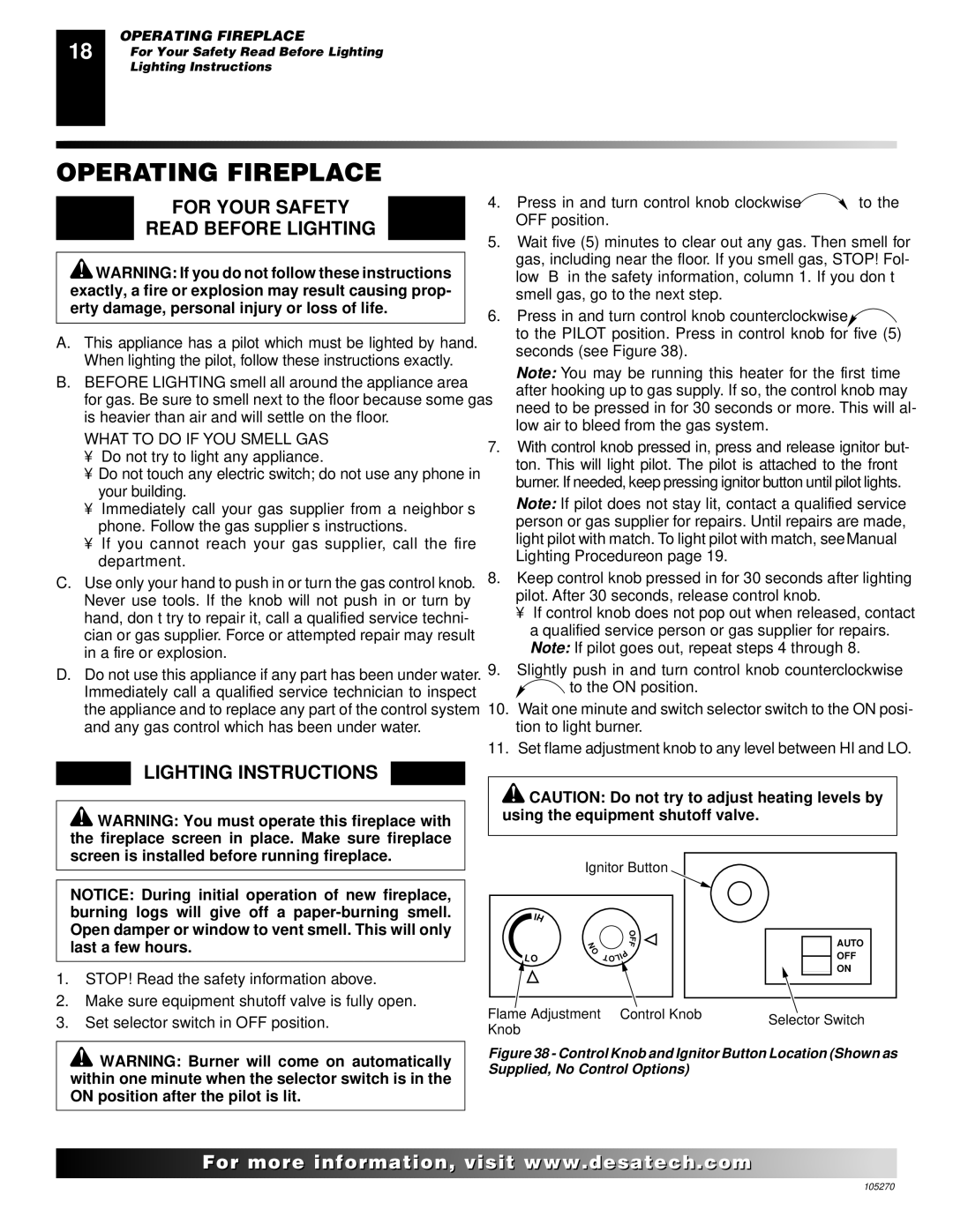 Desa VYGF33NRA, VYGF33PRA, FPVF33NR Operating Fireplace, For Your Safety Read Before Lighting, Lighting Instructions 