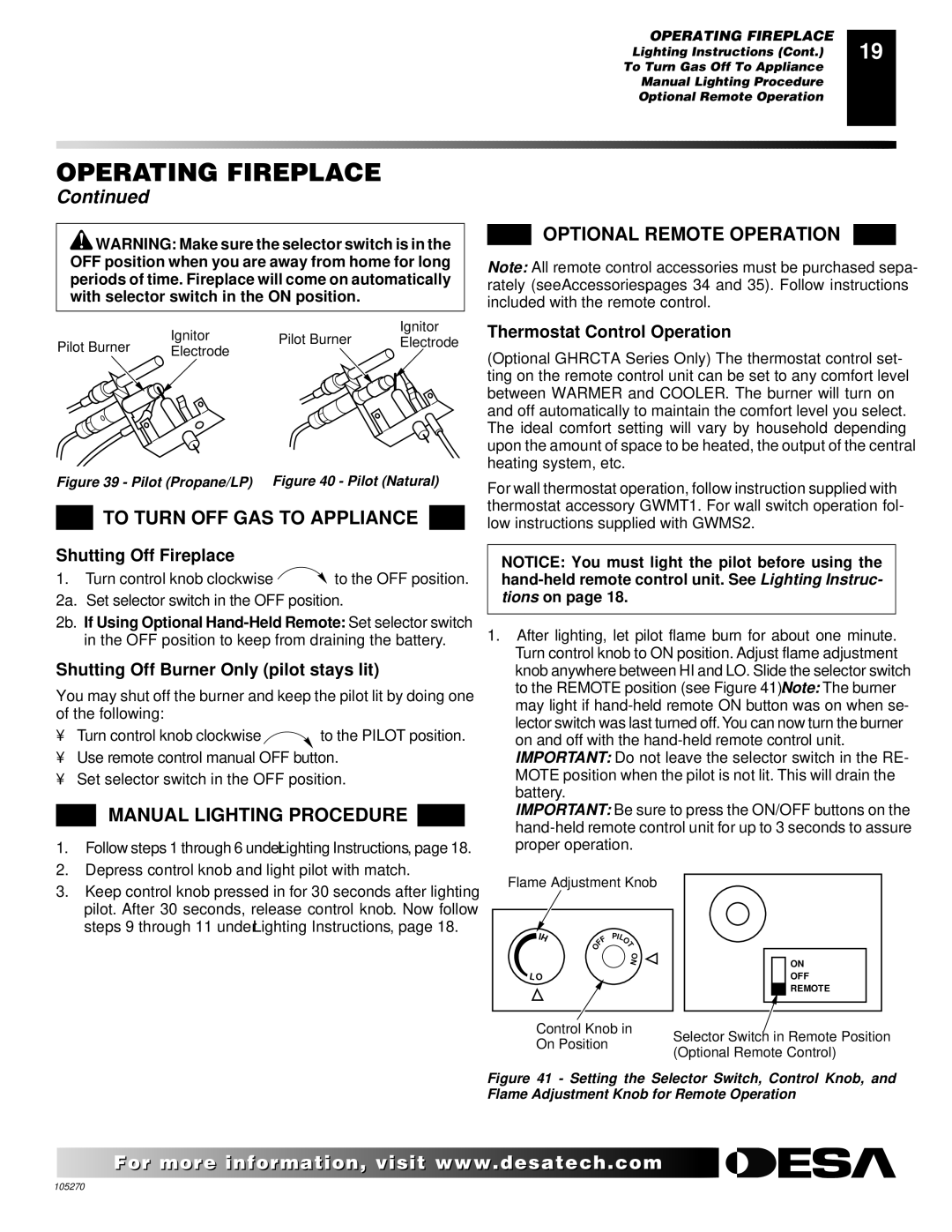 Desa VYGF33PRA, VYGF33NRA, FPVF33NR To Turn OFF GAS to Appliance, Manual Lighting Procedure, Optional Remote Operation 