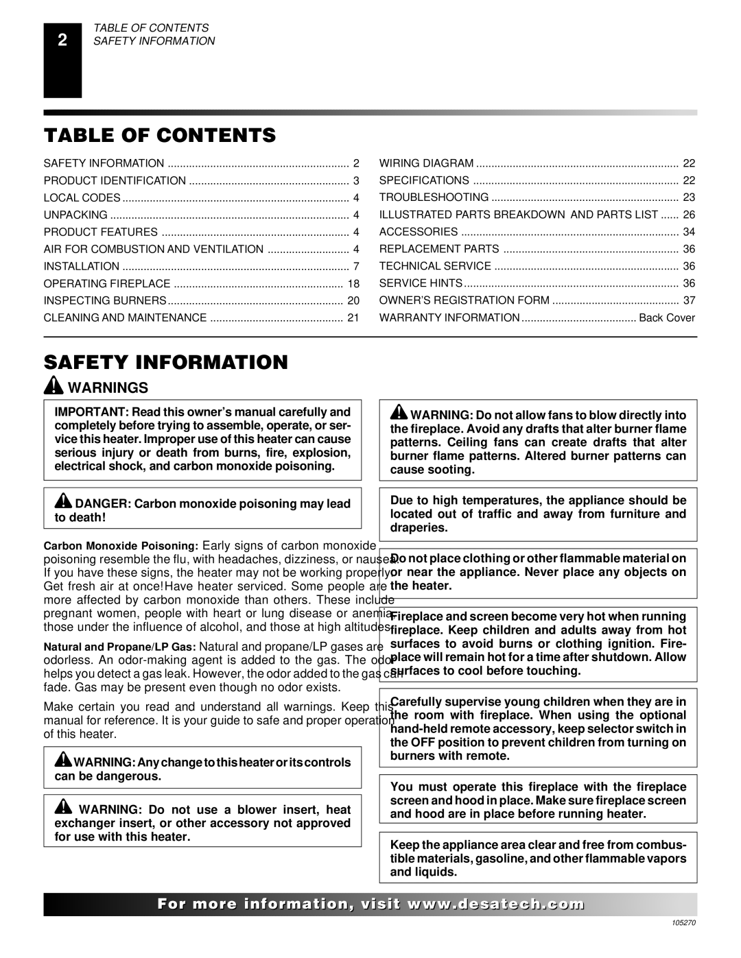 Desa FPVF33NR, VYGF33NRA, VYGF33PRA installation manual Table of Contents, Safety Information 