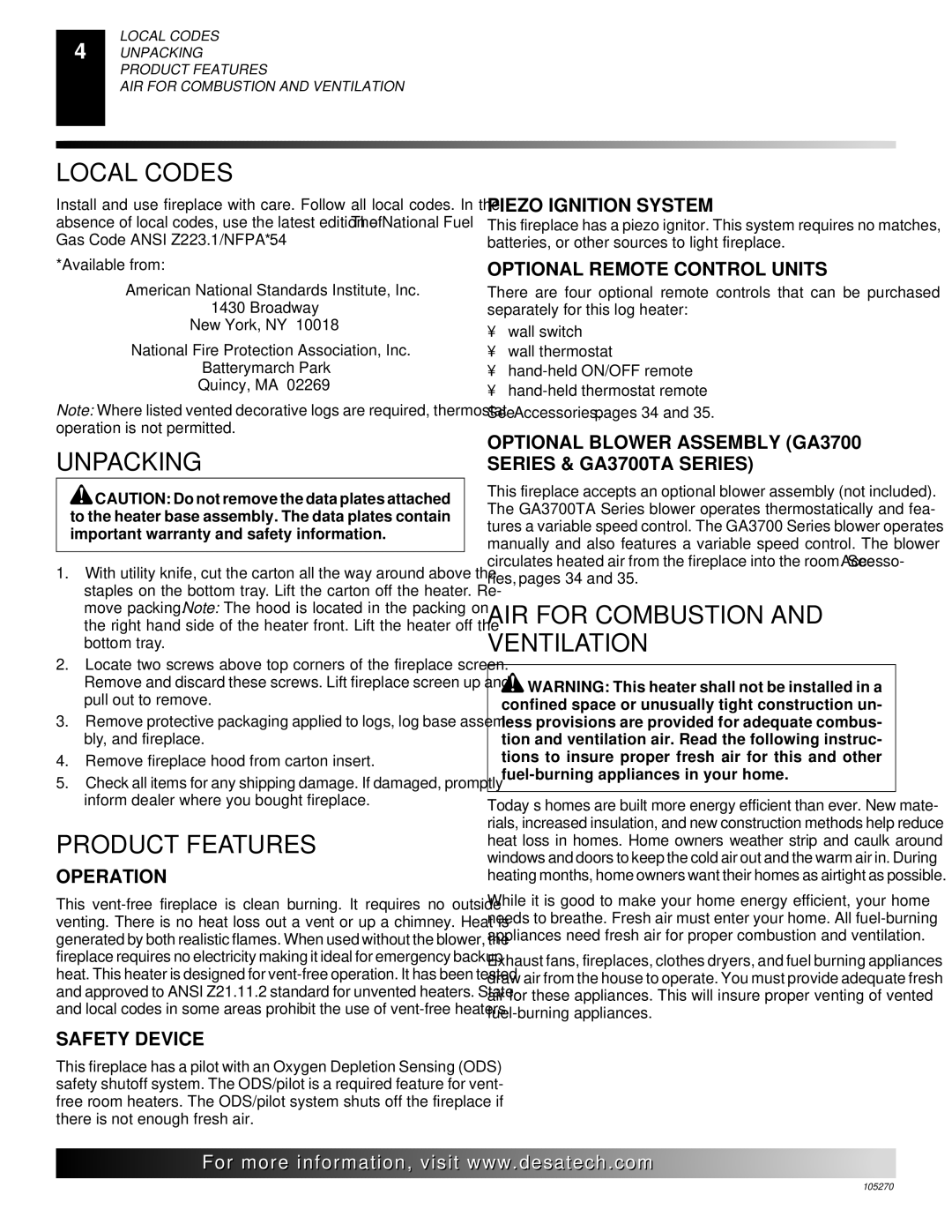 Desa VYGF33PRA, VYGF33NRA, FPVF33NR Local Codes, Unpacking, Product Features, AIR for Combustion and Ventilation 