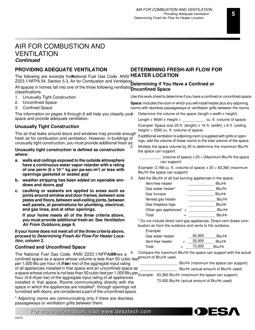 Desa FPVF33NR Providing Adequate Ventilation, Determining FRESH-AIR Flow for Heater Location, Unusually Tight Construction 