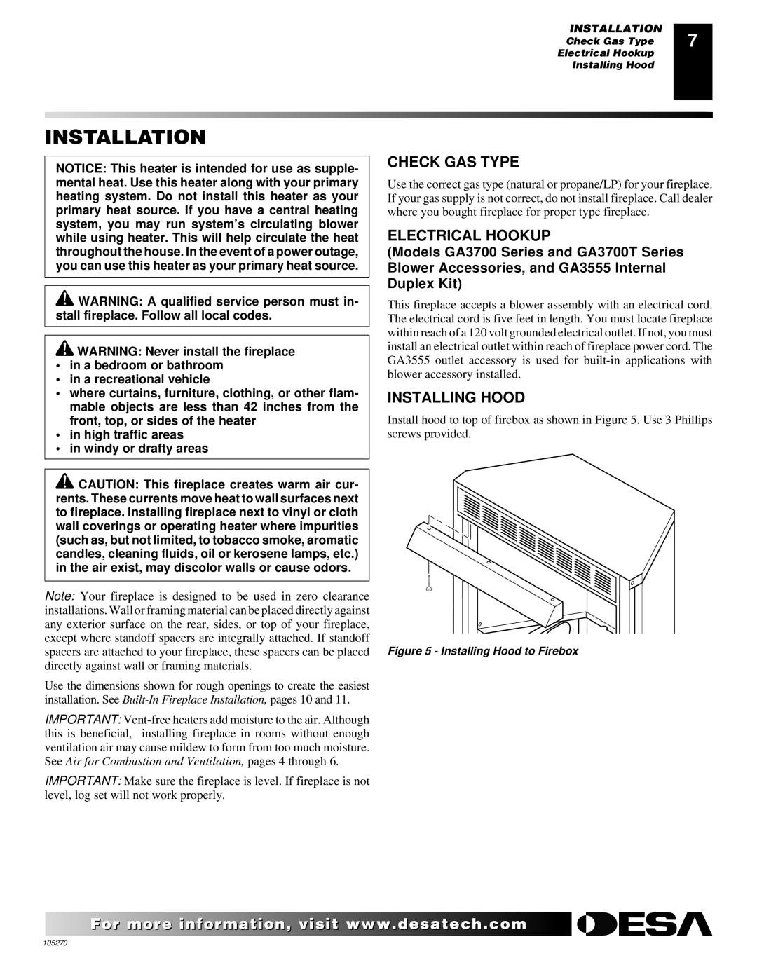 Desa VYGF33PRA, VYGF33NRA, FPVF33NR installation manual Installation, Check GAS Type, Electrical Hookup, Installing Hood 