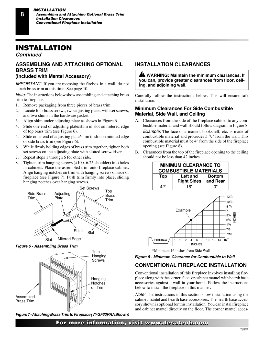 Desa FPVF33NR Assembling and Attaching Optional Brass Trim, Installation Clearances, Conventional Fireplace Installation 