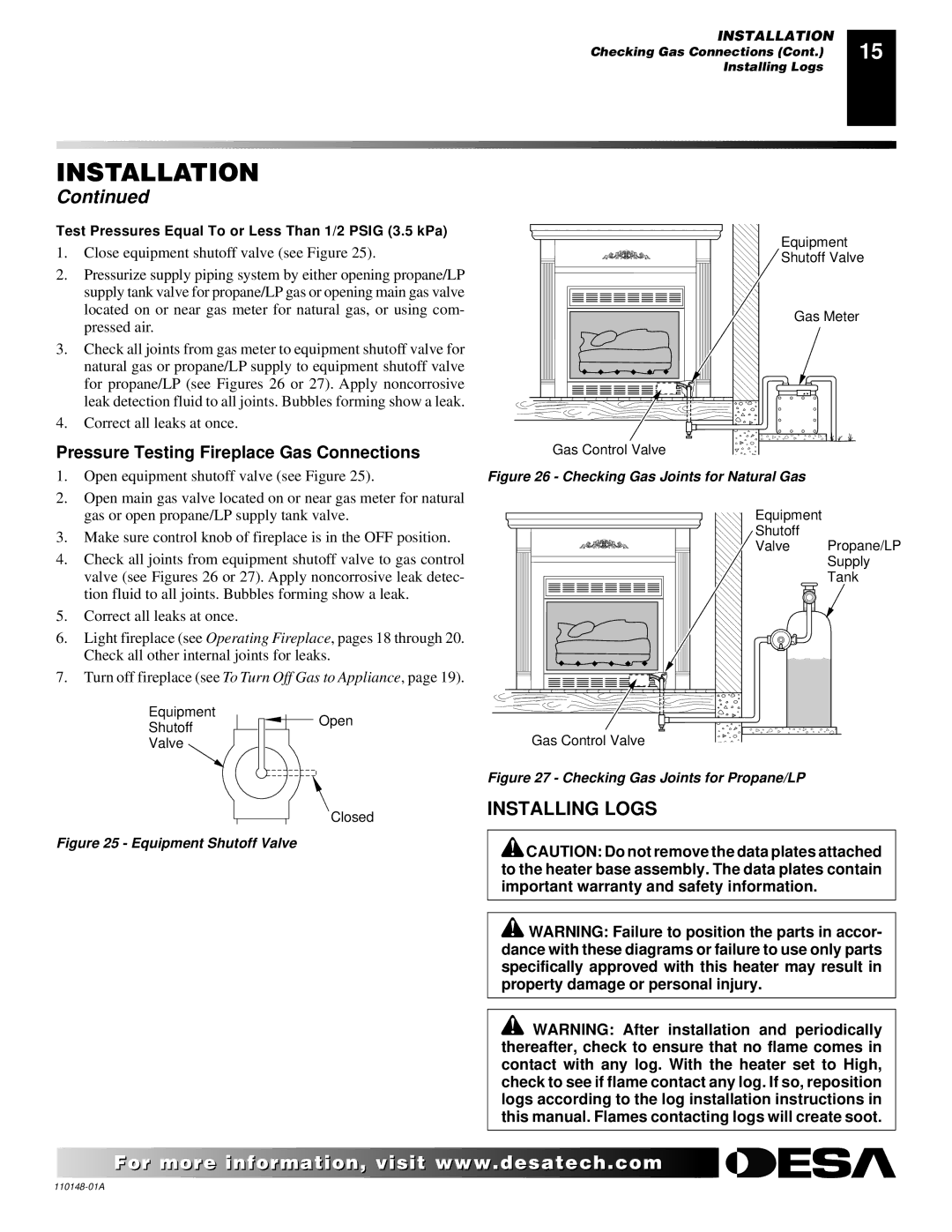 Desa VYGF33NRB, VYGF33PRB installation manual Installing Logs, Pressure Testing Fireplace Gas Connections 