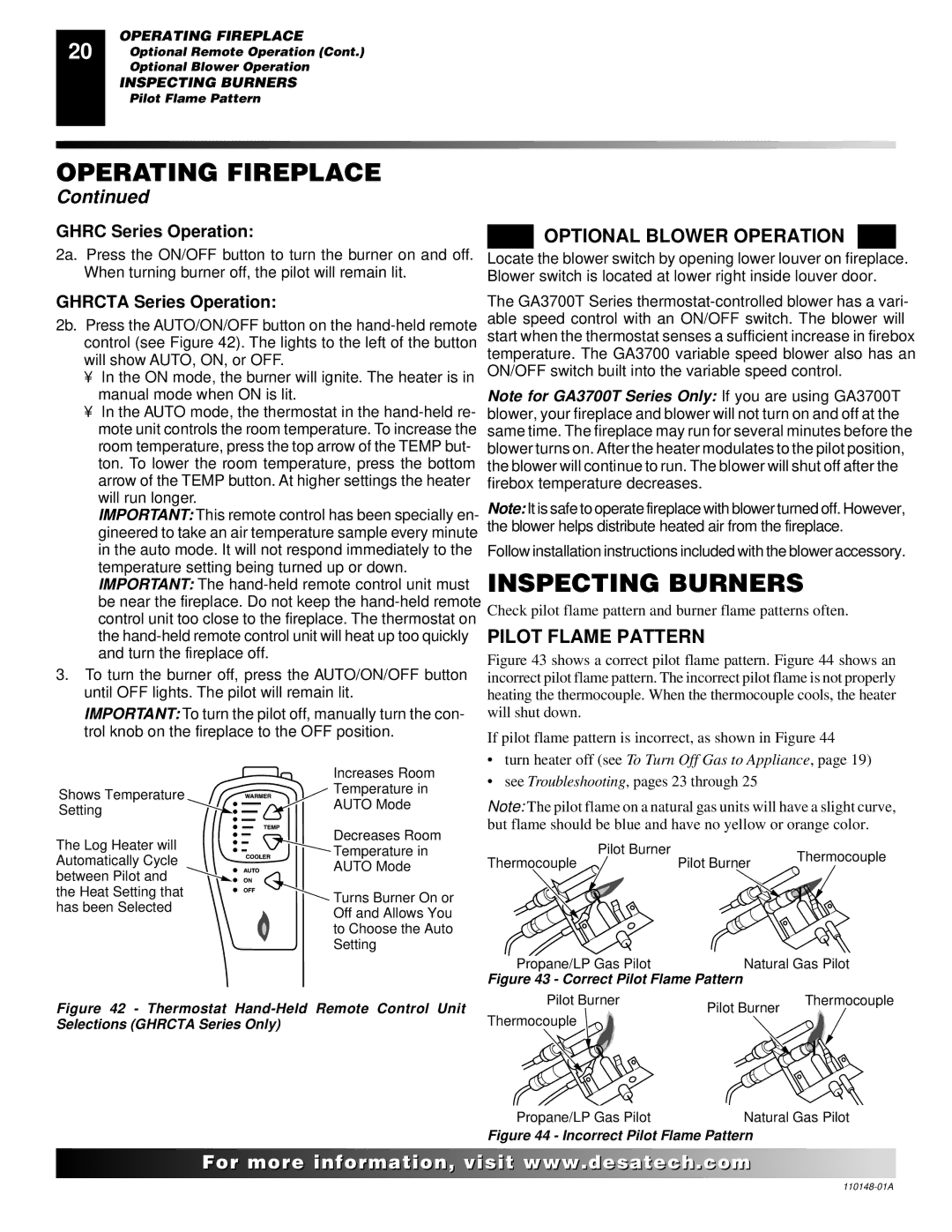 Desa VYGF33PRB, VYGF33NRB, FPVF33PRA, FPVF33NRA Inspecting Burners, Optional Blower Operation, Pilot Flame Pattern 