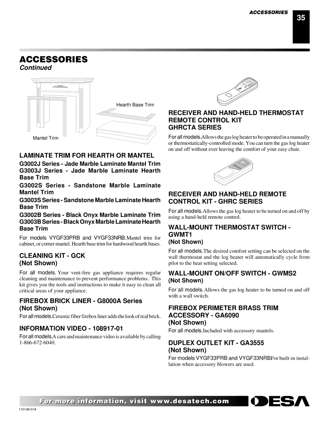 Desa VYGF33PRB, VYGF33NRB, FPVF33PRA, FPVF33NRA installation manual Laminate Trim for Hearth or Mantel, Information Video 