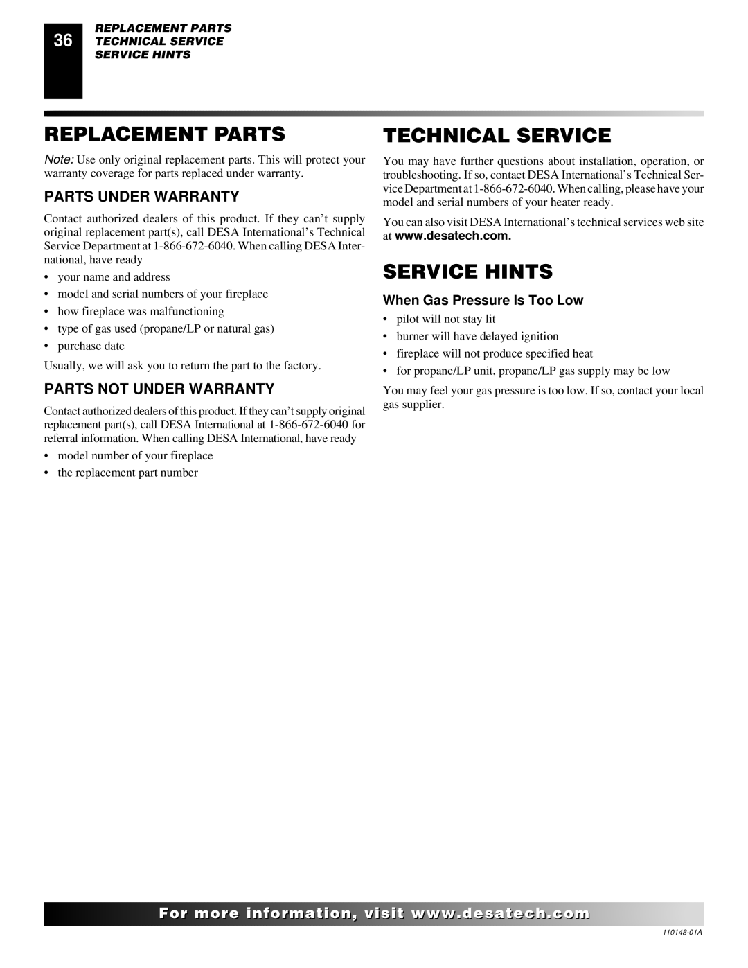 Desa VYGF33NRB Replacement Parts, Technical Service, Service Hints, Parts Under Warranty, Parts not Under Warranty 