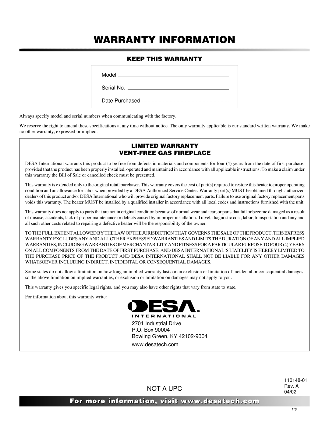 Desa VYGF33PRB, VYGF33NRB, FPVF33PRA, FPVF33NRA installation manual Warranty Information 