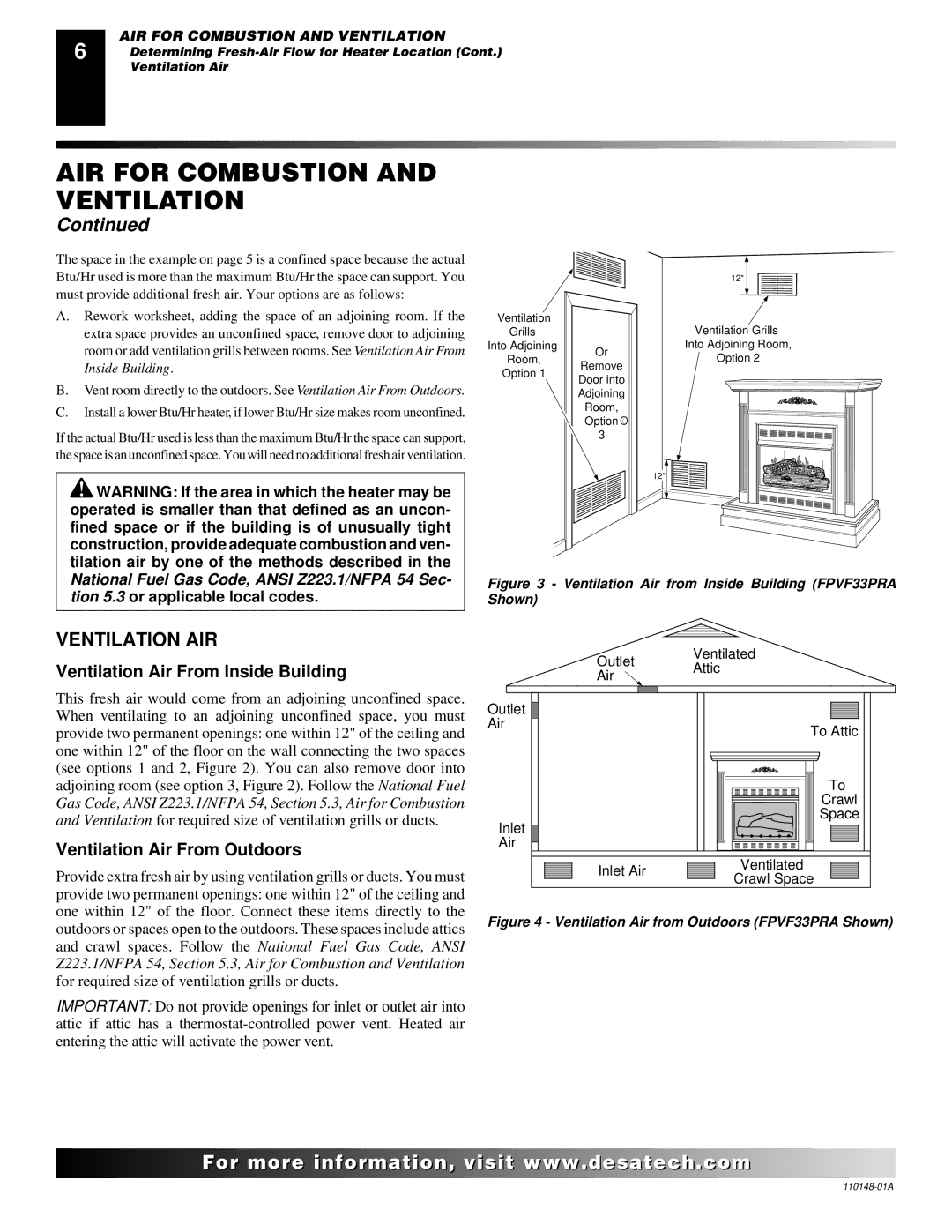 Desa VYGF33NRB, VYGF33PRB Ventilation AIR, Ventilation Air From Inside Building, Ventilation Air From Outdoors 