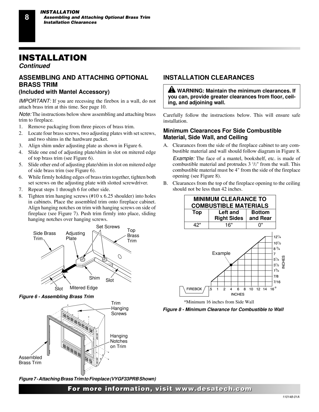 Desa VYGF33PRB, VYGF33NRB, FPVF33PRA, FPVF33NRA Assembling and Attaching Optional Brass Trim, Installation Clearances 