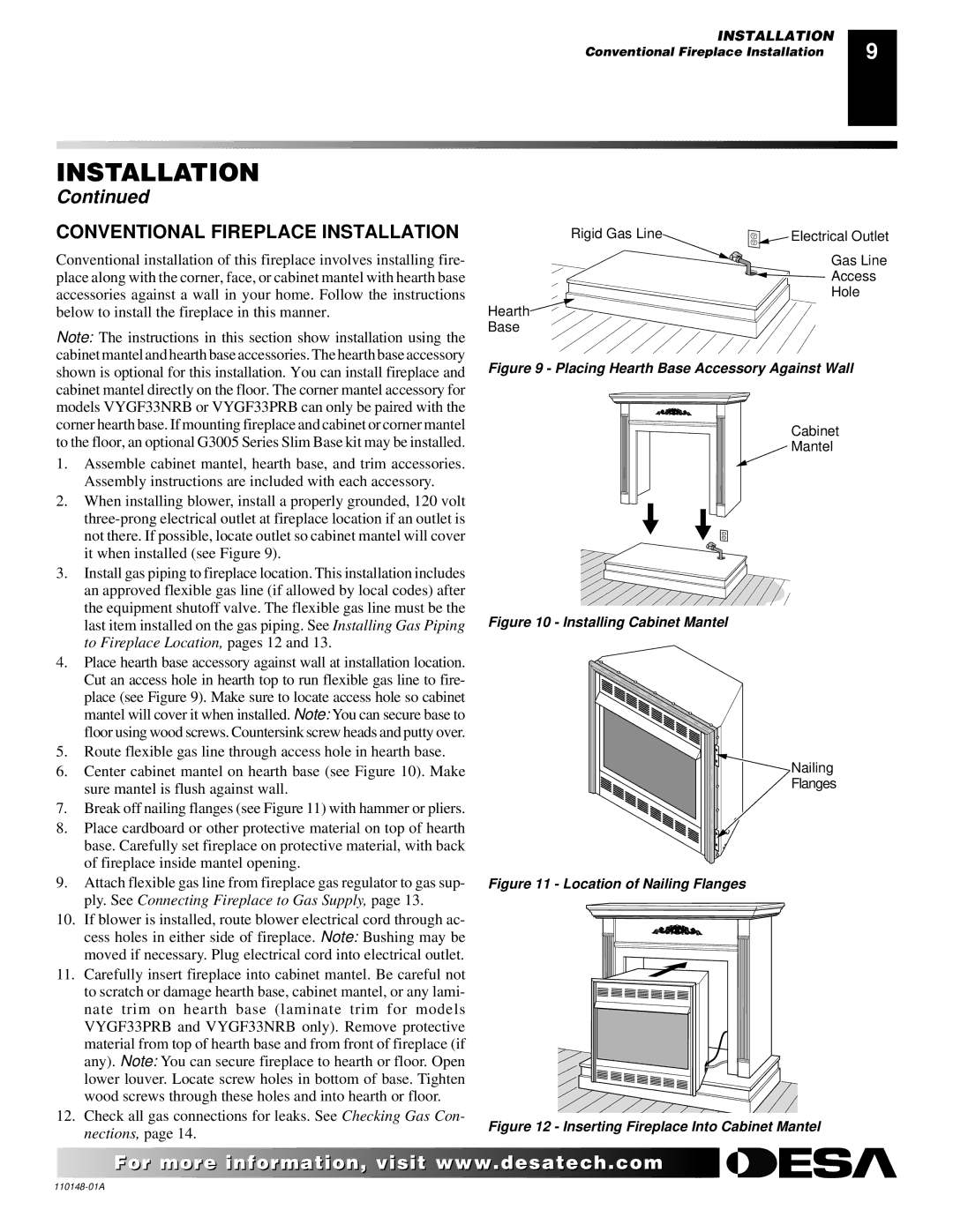 Desa VYGF33NRB, VYGF33PRB Conventional Fireplace Installation, Placing Hearth Base Accessory Against Wall 