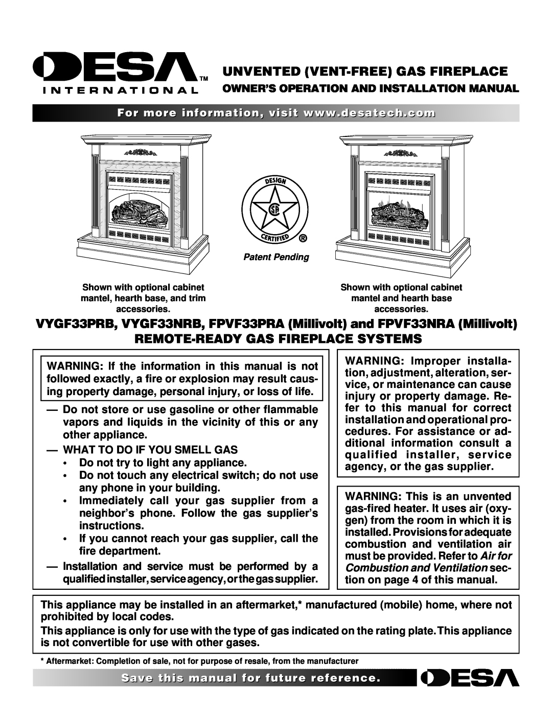 Desa VYGF33PRB installation manual Owner’S Operation And Installation Manual, What To Do If You Smell Gas, Qqqq¢¢¢¢ 