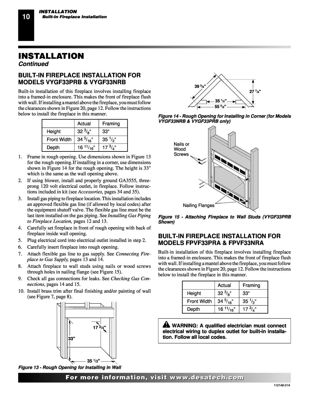 Desa VYGF33PRB, VYGF33NRB installation manual Installation, Continued, Carefully insert fireplace into rough opening 
