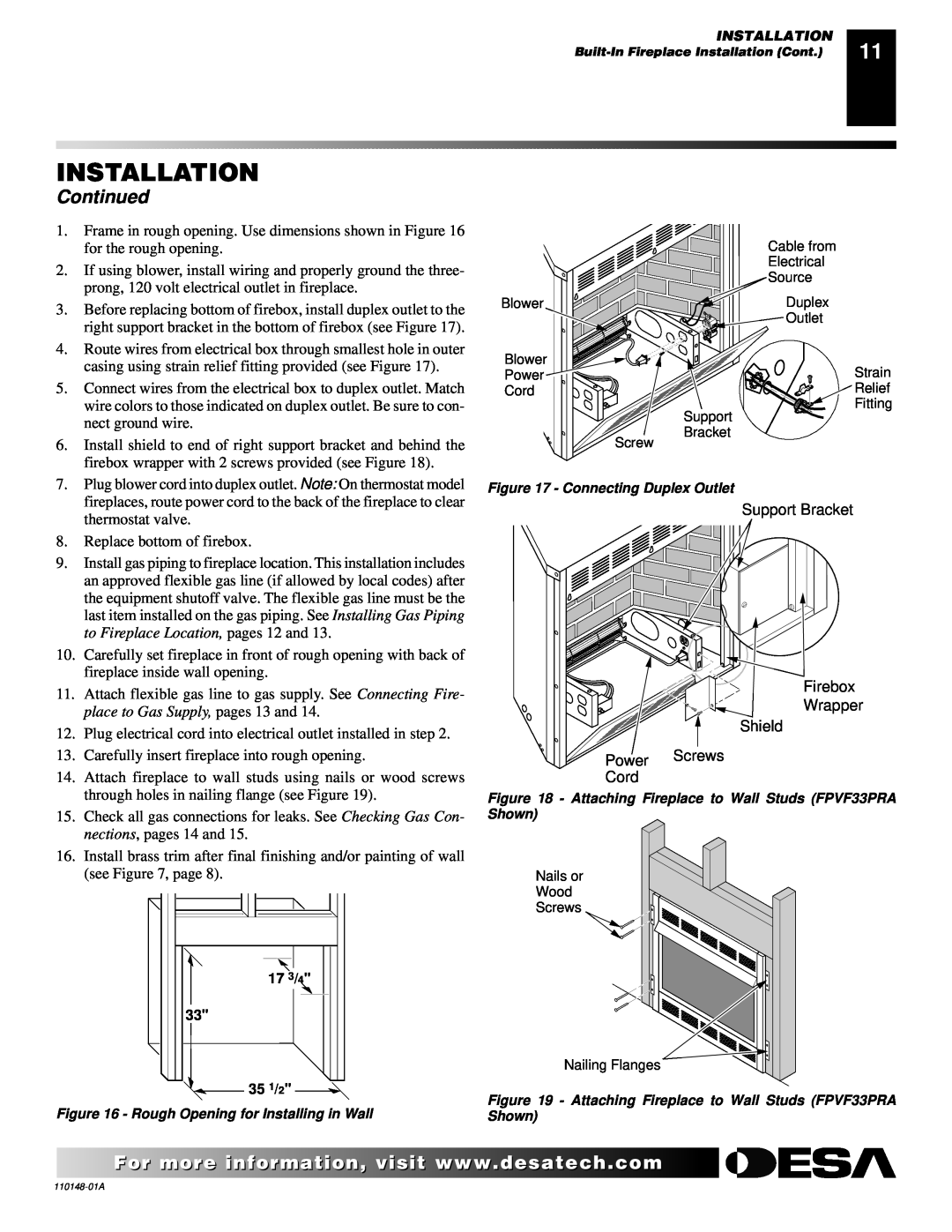 Desa VYGF33PRB, VYGF33NRB, FPVF33PRA, FPVF33NRA installation manual Installation, Continued, Replace bottom of firebox 